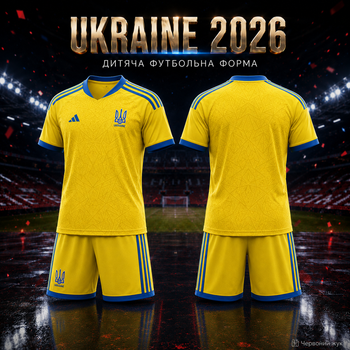 Форма футбольна дитяча Ukraine 2026 жовта синя комплект футболка та шорти розмір 24 — зріст 130–140 см