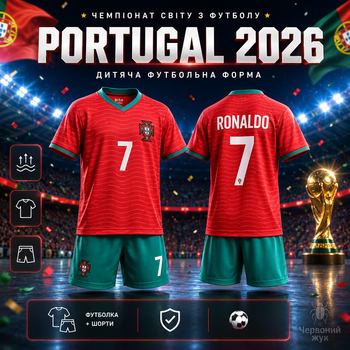 Форма футбольна дитяча Portugal 2026 Ronaldo 7 червона комплект футболка та шорти розмір 22 — зріст 120–130 см