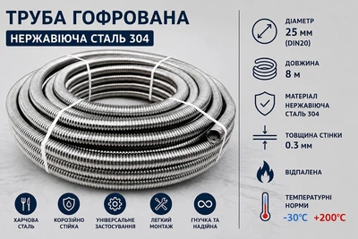 Труба гофрированная из нержавеющей стали 304 DN20 (25 мм) 8 м отожженная | Толщина 0,3 мм | -30°C до +200°C