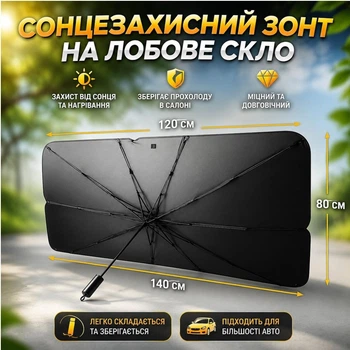 Солнцезащитный зонт для авто на лобовое стекло с чехлом 140х80см Автомобильная Шторка-зонтик от солнца