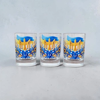 Подарочный набор стеклянных стопок "Герб Украины с Флагом" - Chaban_Souvenir - (3 шт × 60 мл) с уникальным и оригинальным дизайном SS_008
