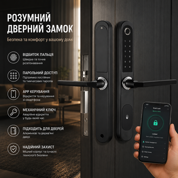 Розумний дверний замок з відбитком пальця WeiChuangJia, APP керування, пароль, ключ, для алюмінієвих та дерев'яних дверей, чорний