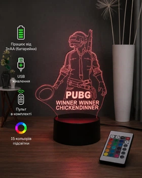 Светильник ночник декоративный ручной работы с пультом «PUBG – Winner Winner Chicken Dinner» 3D лампа с Led-подсветкой (7 цветов 4 режима) (3DP029)