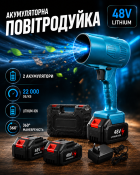 Садовая аккумуляторная воздуходувка-пылесос для уборки листьев и пыли с двумя литий-ионными аккумуляторами 48 В турборежим кейс