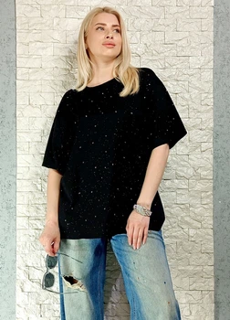 Футболка бавовняна з дрібними паєтками та стразами чорна GAGA summer 16-151 - L-XXL - чорний
