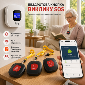 Бездротова кнопка виклику SOS для літніх людей НАЛАКАЛ, 3 кнопки + приймач, 110 дБ, Wi-Fi, Tuya Smart, Smart Life