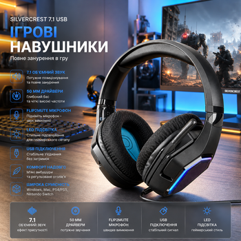 Ігрові навушники SILVERCREST 7.1 USB, Over Ear, 50 мм, LED-підсвітка, мікрофон Flip2Mute, об'ємний звук