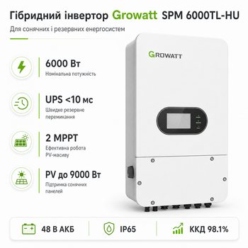 Гібридний інвертор Growatt SPM 6000TL-HU 6000 Вт 48 В 1-фазний 2 MPPT UPS IP65 White
