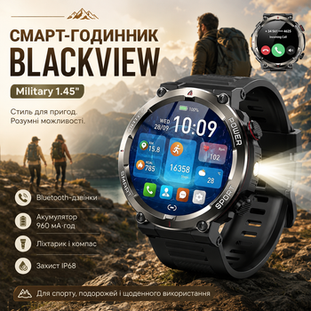 Смарт-часы Blackview Military 1.45" с звонками, 960mAh, фонариком, компасом и IP68