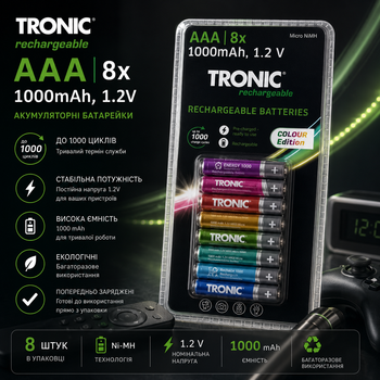 Аккумуляторные батарейки TRONIC AAA 1000 mAh 1.2V Ni-MH HR03 Micro предварительно заряженные, комплект 8 шт
