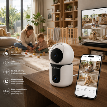 Камера видеонаблюдения CZEview ZY-D8 2K+2K Wi-Fi 2.4/5 ГГц, двойной объектив, обзор 360°, ночное видение, двусторонняя связь