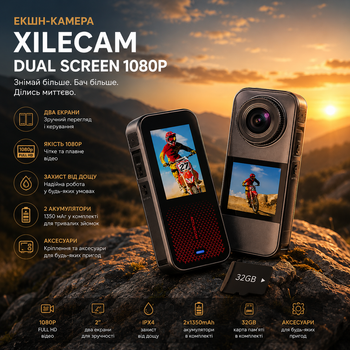 Екшн-камера Xilecam Dual Screen 1080p: два екрани, захист від дощу, 2 АКБ по 1350 мАг + карта 32 ГБ та аксесуари