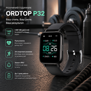 Умные часы Ordtop P32: 1.65" HD-дисплей, фитнес-трекер, пульсометр, 24 спортивных режима и защита IP67
