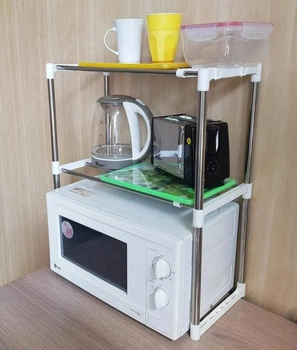 Полка-органайзер для микроволновой печи Multifunctional Storage Rack телескопическая кухонная полка над микроволновой печью металлический стеллаж для кухни с крючками