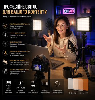 Набор из 2 LED видеоламп Ci-Fotto 5600K USB с регулировкой яркости, мини-штативами и фильтрами для фото и видеосъёмки