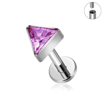 Серьга лабрет из титана для пирсинга уха Spikes TIL941-1606-P с фианитом (Штанга: 6мм; Цвет: Розовый)