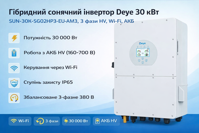 Гибридный солнечный инвертор Deye 30 кВт (SUN-30K-SG02HP3-EU-AM3), 3 фазы, высоковольтный (HV), Wi-Fi, АКБ