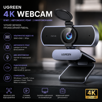 Вебкамера UGREEN 4K 8 Мп з мікрофонами, автофокус PDAF, USB-A/Type-C, для Zoom