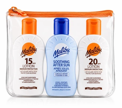 Набір для засмаги Malibu (лосьйон SPF15 100 мл, лосьйон SPF20 100 мл, заспокійливий лосьйон після засмаги 100 мл)