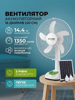 Мощный аккумуляторный настольный вентилятор 16" (40 см) + солнечная панель и 2 Led лампы