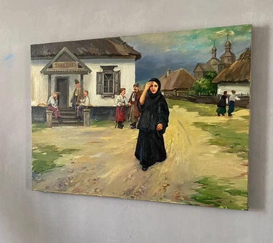 Картина маслом «Село после службы. Украинский быт» 70×50 см — авторская ручная работа, интерьерная картина, подарок, настенный декор