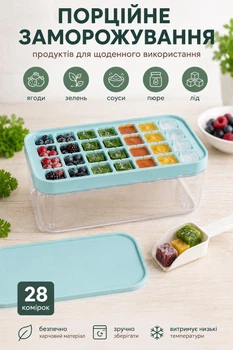 Прозрачный контейнер с формой для порционной заморозки продуктов/льда 2-в-1, хранение + заморозка, 28 ячеек | Лопатка в комплекте