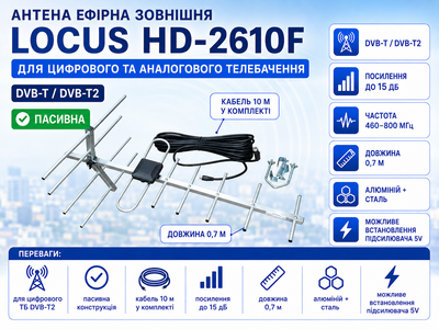 Антена зовнішня ефірна Locus HD-2610F 0.7 м пасивна для DVB-T2 з кабелем 10 м для цифрового телебачення DVB-T2