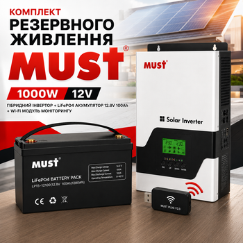 Комплект резервного живлення MUST PV18-1012VPM II 1000W + акумулятор LiFePO4 12.8V 100Ah з Wi-Fi модулем мониторинга MUST PLUG V2.0, гібридний інвертор із чистою синусоїдою для квартири та будинку, для безперебійного живлення