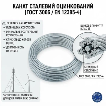 Канат (трос) стальной 15.0 мм оцинкованный ГОСТ 3066 EN 12385-4