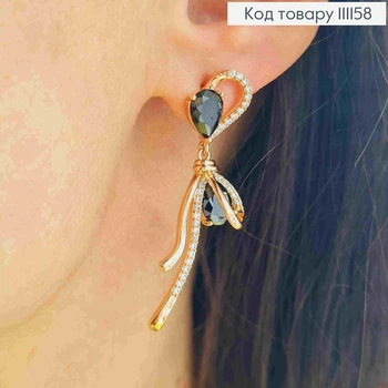 Серьги гвозди "Бант" с Черным и Блестящими камешками, размером 4,4см, XUPING 18К
