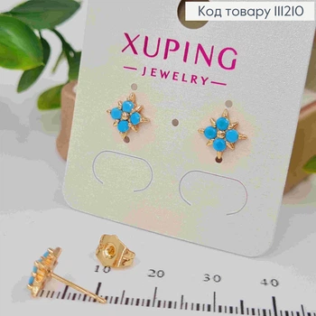 Серьги гвозди "Цветок" с Голубыми камешками, размер 1см, Xuping 18K