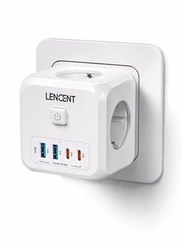 Мережевий фільтр розгалужувач трійник 3EU розетки з вимикачем + 2USB-C + 2USB-A Lencent PowerCube 4000W/16A Білий