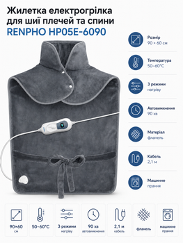 Электрогрелка жилетка универсальная для спины плеч и шеи RENPHO HP05E-6090 3 уровня нагрева автоматическое отключение Фланель Серый