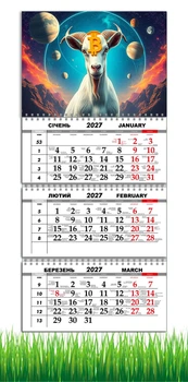 Календарь настенный квартальный на 2027 год на три пружины, Apriori, год Козы, символ года Коза, 29,7х61см , 2 вид