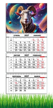 Календарь настенный квартальный на 2027 год на три пружины, Apriori, год Козы, символ года Коза, Космос,29,7х61см , 6 вид