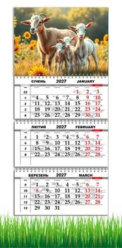Календарь настенный квартальный на 2027 год на три пружины, Apriori, год Козы, символ года Коза, Семья , 29,7х61см , 17 вид