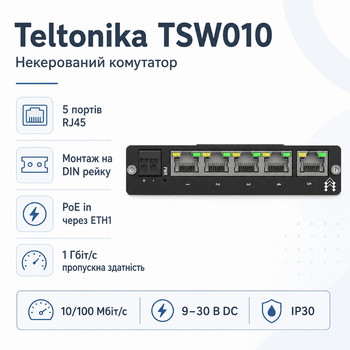 Комутатор Teltonika TSW010 некерований настільний 5 x RJ45 10/100MBit/s з монтажем на DIN-рейку