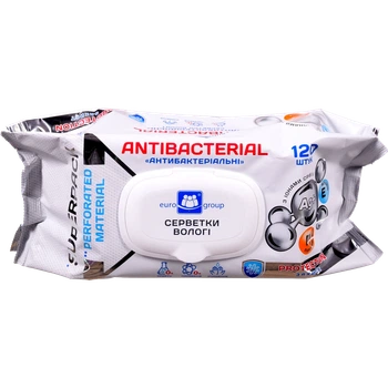 Серветки вологі Єврогруп 120 шт. Antibacterial з D-пантенолом іонами срібла та вітаміном Е