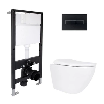 Комплект инсталляции Qtap Standard с подвесным унитазом Robin ML Ultra Quiet, безободковый, с матовой черной клавишей смыва и