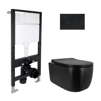 Комплект инсталляции с подвесным унитазом Qtap Taurus Ultra Quiet + Standard, с черной матовой круглой панелью смыва,