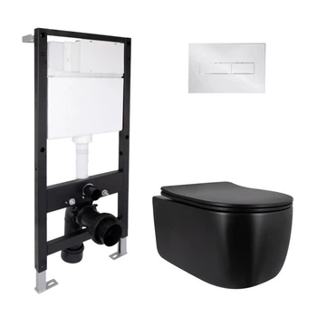 Комплект инсталляции Qtap Standard с подвесным безободковым унитазом Qtap Taurus Ultra Quiet черный матовый и линейной