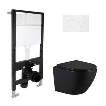 Комплект инсталляции Qtap Standard с подвесным унитазом Jay Ultra Quiet, безободковый, матовый черный, с белой круглой клавишей