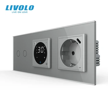 Умний терморегулятор LIVOLO прохідний подвійний з розеткою USB Type-C сірий загартоване скло