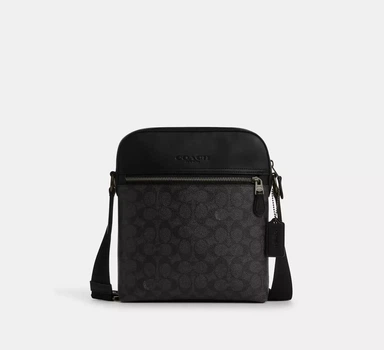 Сумка через плечо Coach Houston Flight Bag In Signature Canvas чёрная.