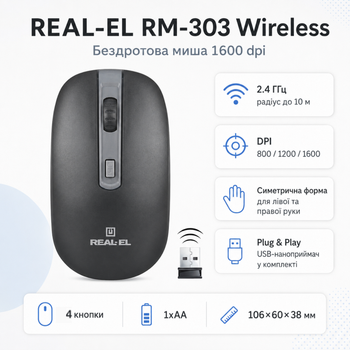 Миша бездротова REAL-EL RM-303 Wireless оптична 1600 dpi 2.4 ГГц Black/Grey (EL123200021)