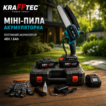 Міні пила Krafftec Акумуляторні пили 8" для роботи в саду Ланцюгова міні-пила для обрізання дерев 48 V