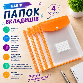 Набор папок-файлов с кнопкой для документов 4 шт формат А4 папка-конверт для фолдера папки-органайзеры прозрачные, оранжевый