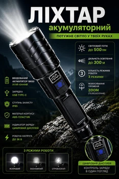 Ручной фонарик LED, ручной фонарик с USB-зарядкой, портативный, туристический, походный, черный