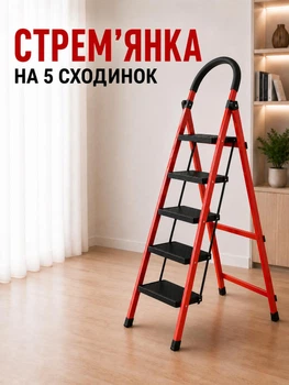 Лестница стремянка раскладная с поручнем на 5 ступеней, металл+пластик Красная