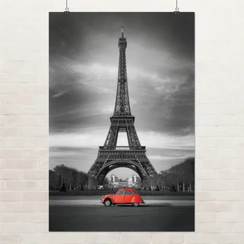Постер Эйфелева Башня и красный автомобиль, Париж, Paris, France, интерьерный декор, A3 42×28 см (id0793)